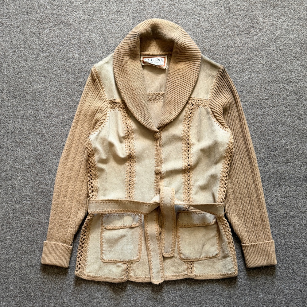 Vtg 70s Suede Knit Patchwork Crochet Cardigan Swe… - image 1